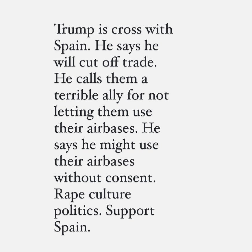 During the Spanish civil war the antifascists shouted ¡No pasarán! - they shall not pass. And they did the same to the fascist satsuma and he didn’t like it. Keir Starmer should be backing Spain right now and standing up to Trump instead of trying to gain favour from a sociopathic president who doesn’t care of his or our existence.