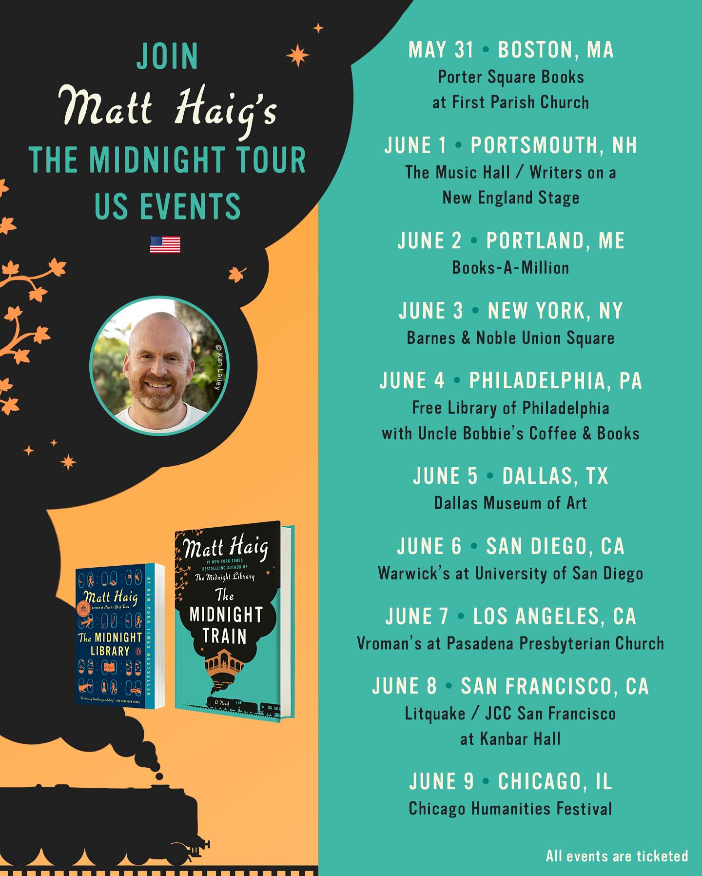 Hey! Okay! I am bringing THE MIDNIGHT TOUR to the US this summer because I promised.
 
I’m very happy to share the details of the US events with @vikingbooks in celebration of The Midnight Train, which arrives this May. I’ll be partnering with some lovely special guests, wonderful venues with brilliant bookstores, including @porter_square_books, @musichallnh, @booksamillion, @barnesandnoble, @freelibraryfdn, @unclebobbies, @dallasmuseumart, @warwicksbooks, @vromansbookstore, @jccsf and @chihumanities. You can find more details, and tickets, via the USA link in my bio. Hope to see you there.
