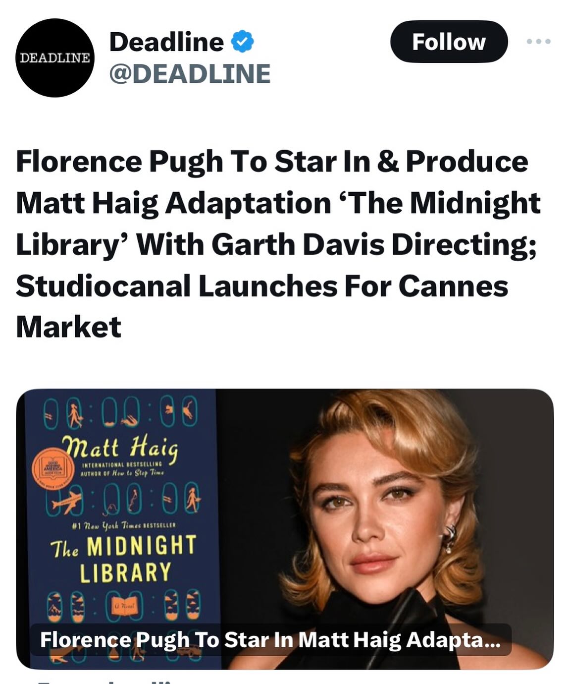 The one and only Florence Pugh is Nora Seed.

It’s happening.

Directed by Garth Davis who made an amazing film called Lion.

Script by the supremely talented Nick Payne and Laura Wade.

Blueprint Pictures and Studio Canal at the helm.

The library is coming to life in 2027.