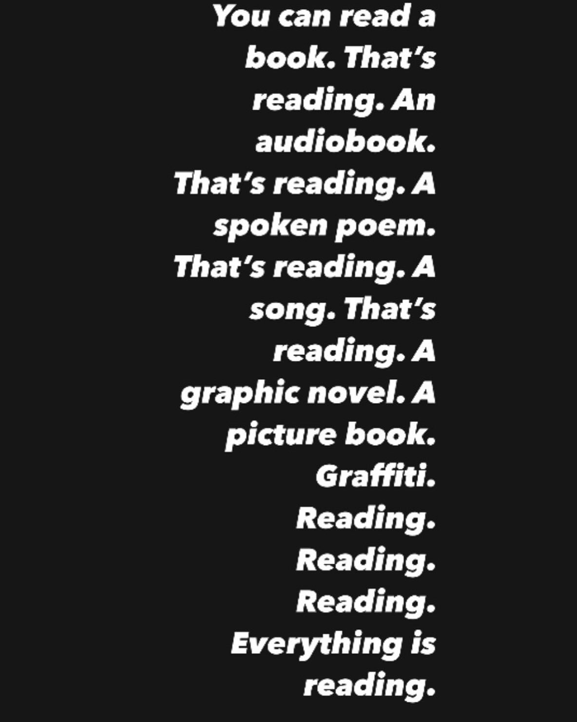 I hate the whole judgemental thing we have going on in book world about people who don’t read books or who read a few books or not as many as whoever is judging. This is not how you get more people to read books. This, in fact, is how people stop reading books. They don’t do well at school and feel books are part of the academic world they didn’t fit into so they never read again. Or that books are for posh people. Or whatever. And everyone in book culture plays a small part in how they are seen. If we laugh at what people say in bookshops or mock people for not reading we are the dumb ones. There are no non readers. Everything is reading. Stories began as a spoken form. Everyone has heard someone tell them a story. And reading doesn’t have to be words. Reading pictures is reading. Reading expressions or humour or silence. Life is reading. Books are a special deep kind of reading but just a concentrated italicised version of what life is. And it’s not what you read but how. You could have a massively more profound response to a piece of graffiti than a booktokker reading Kafka or Dostoyevsky for the dark academia cred. Someone could get more meaning from The Little Prince than War and Peace. I used to know someone who loved to say they hated The Alchemist. Then it turned out they had never even read The Alchemist. It’s not what you read. It’s the mind interacting with what is read. Some of my favourite novels are songs. The Boys of Summer is a poem. ‘Deadhead sticker on a Cadillac’ says more about the decline of hippy values into capitalist ones than a million theses. Everything is reading. I am meant to be promoting the fact that The Midnight Library graphic novel is out today but it turned into this. Sorry publishers.